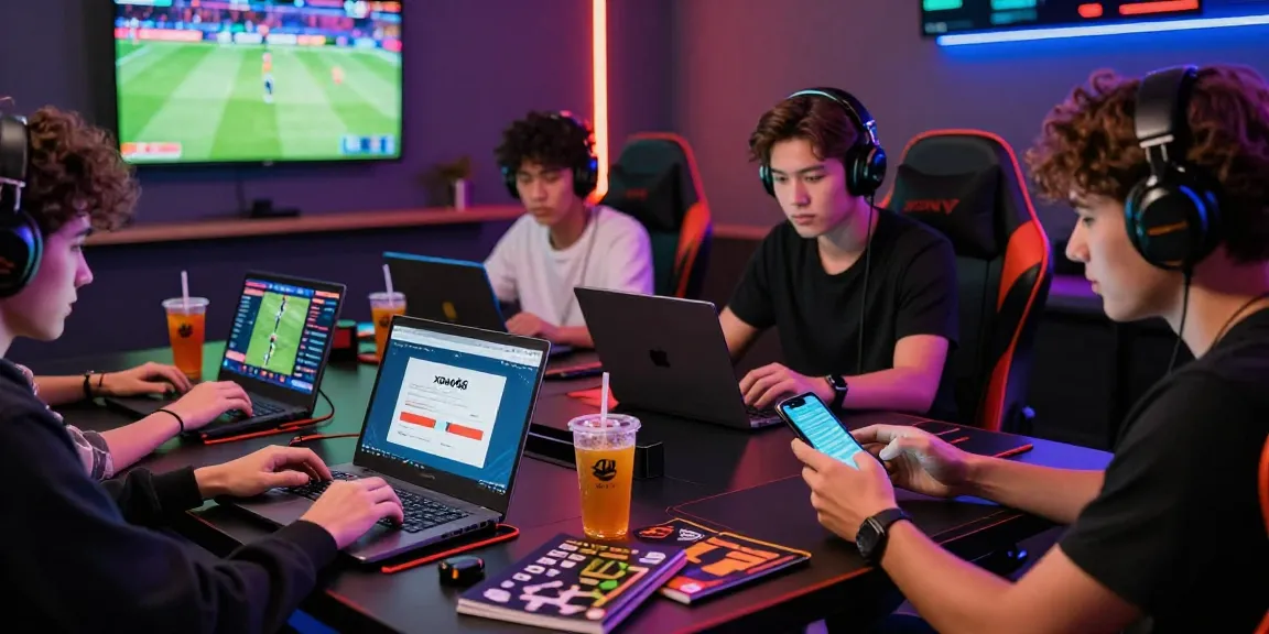 Xoso66 app đăng nhập displayed on a laptop while friends enjoy sports betting in a vibrant gaming lounge.