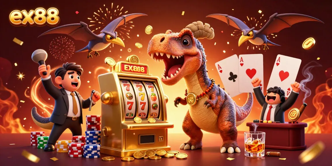 ex88 jackpot celebration with a pachycephalosaurus, ankylosaur, and pteranodon in an exciting casino scene