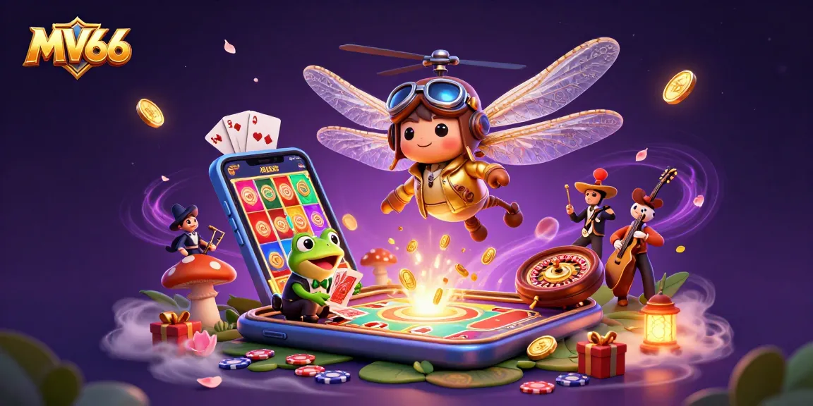 Engage in the thrilling MV66 casino experience as the dragonfly pilot interacts with a frog croupier in action.