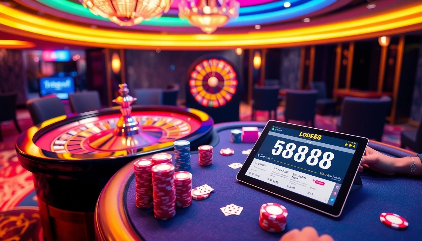Engaged players enjoying a high-stakes poker game in a luxurious casino environment with lode88 elements.