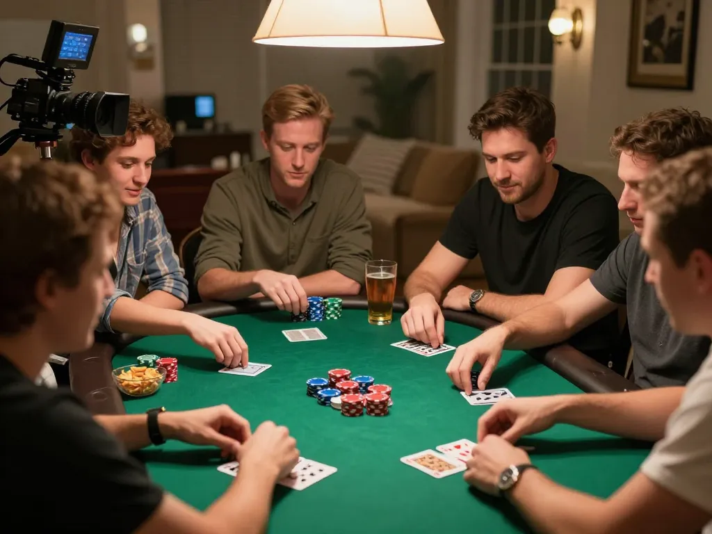 manclub players engaging in an exciting poker night at home, revealing strategic gameplay