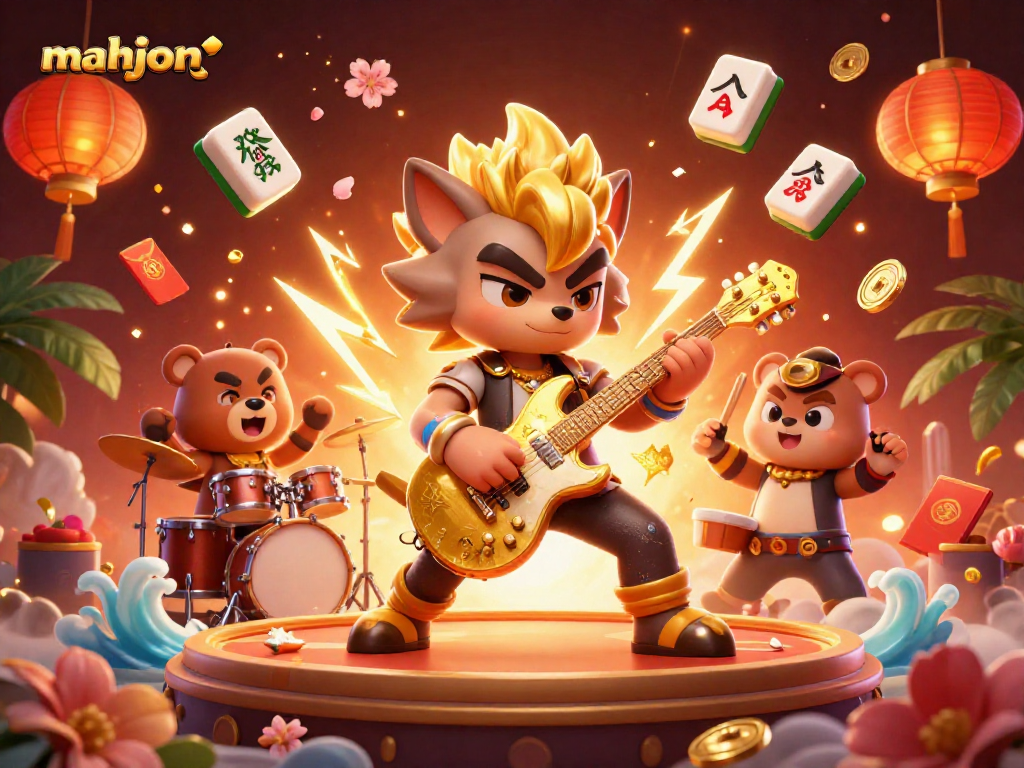 Engage with mahjong action as a wolf rocks out on stage with lively casino elements.