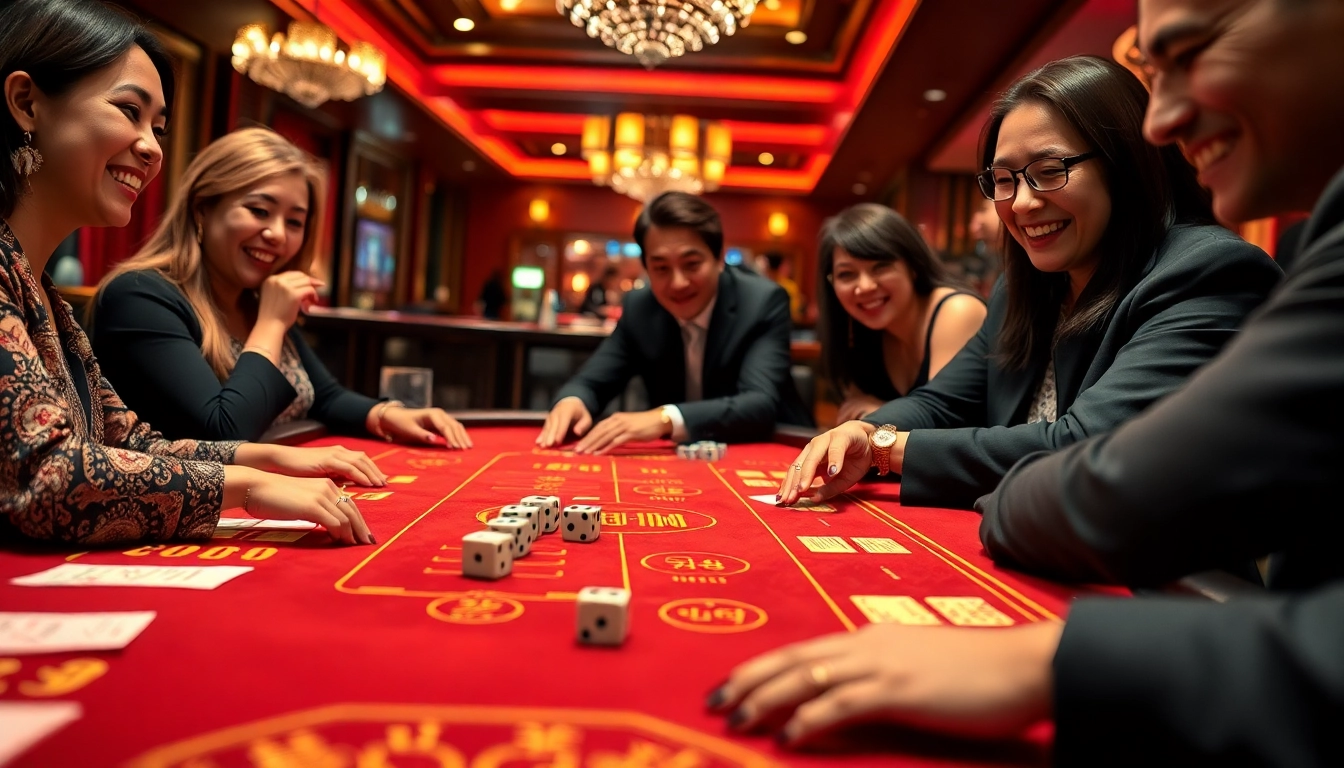 Excited players place bets at the vibrant tài xỉu sunwin table in a luxurious casino setting.