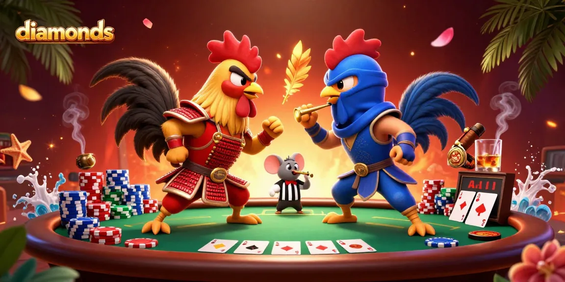 Engaging poker scene with dynamic roosters symbolizing fierce competition, highlighting diamonds in the gameplay.
