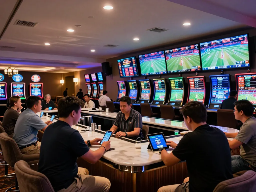 Engaging scene at keobongda sports betting lounge with excited patrons and live event screens.