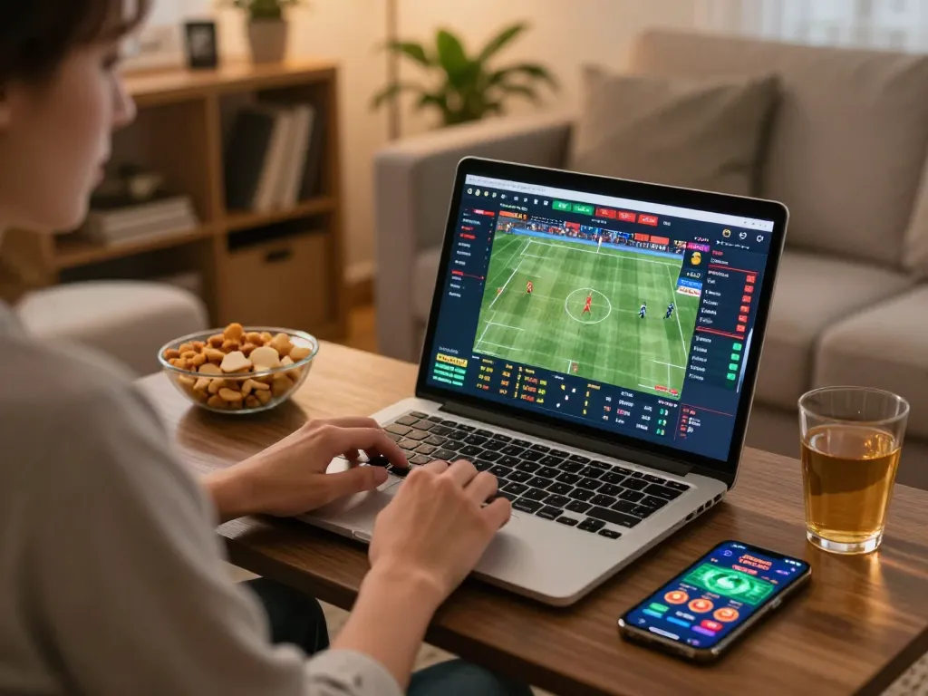 Betting on Fun79 with a laptop and snacks in a cozy living room for an engaging gaming experience.