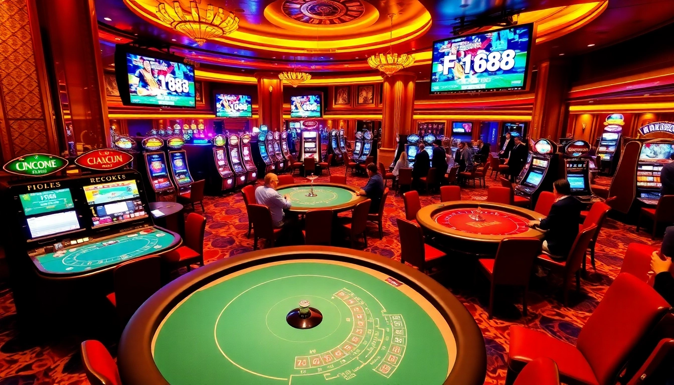 Experience the excitement of F168 with lively gambling tables and vibrant slot machines.
