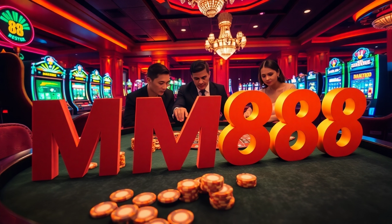Play at MM88's luxurious casino, with vibrant slot machines and excited players at the roulette table.