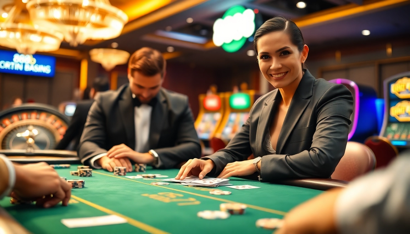 Players strategize at a poker table in a luxurious casino setting featuring the vibrant theme of 888b.