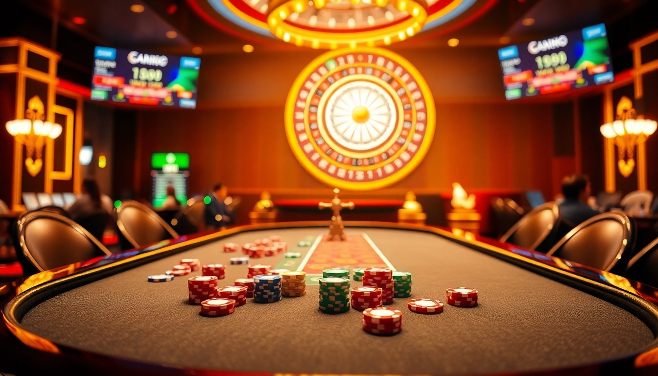 Experience the thrill of gambling at Fun88 with vibrant poker chips and a classic roulette wheel.