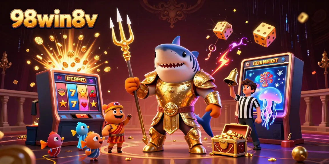 Experience the excitement of 98win8v with a shark gladiator in an underwater casino scene.