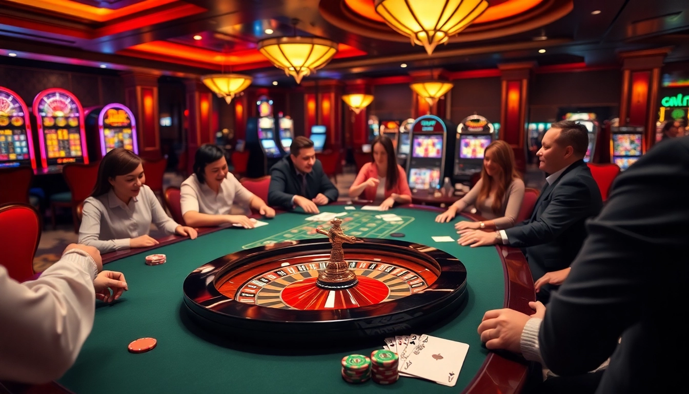 Casino enthusiasts playing at 888new's vibrant gaming table, surrounded by slot machines and roulette wheel.