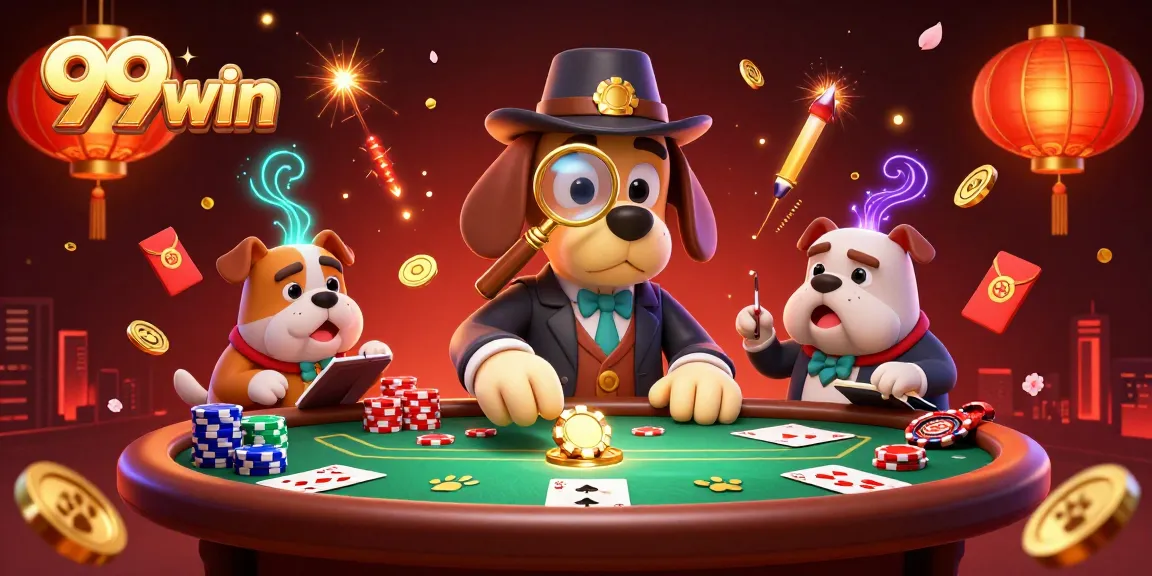 Engage with 99win's thrilling poker scene featuring a detective and his bulldog, uncovering treasure.