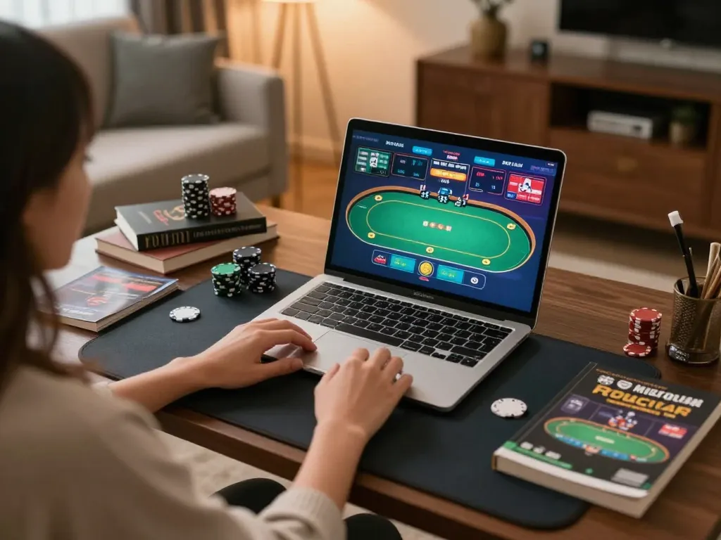 Engaging in online poker at home, showcasing 78wingo gaming strategies and responsible entertainment.