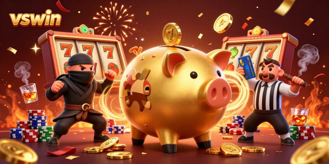 Experience thrilling gaming with vswin's vibrant scene of casino excitement including dynamic characters, slot reels, and more.