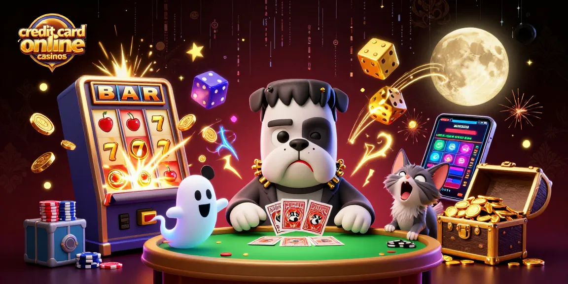 Enjoy thrilling action at credit card online casinos with an animated monster dealer and festive visuals.
