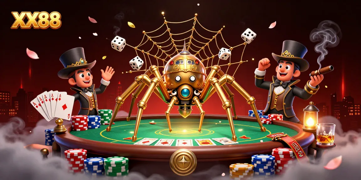 Enjoy exciting games at XX88, where a golden spider captures wild dice amidst vibrant casino elements.