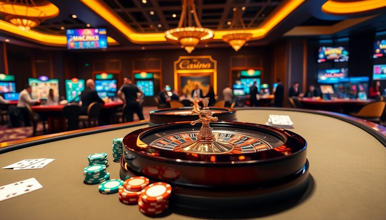A thrilling gaming environment at https://co88us.net/ showcasing poker tables, roulette wheel, and excited gamblers.