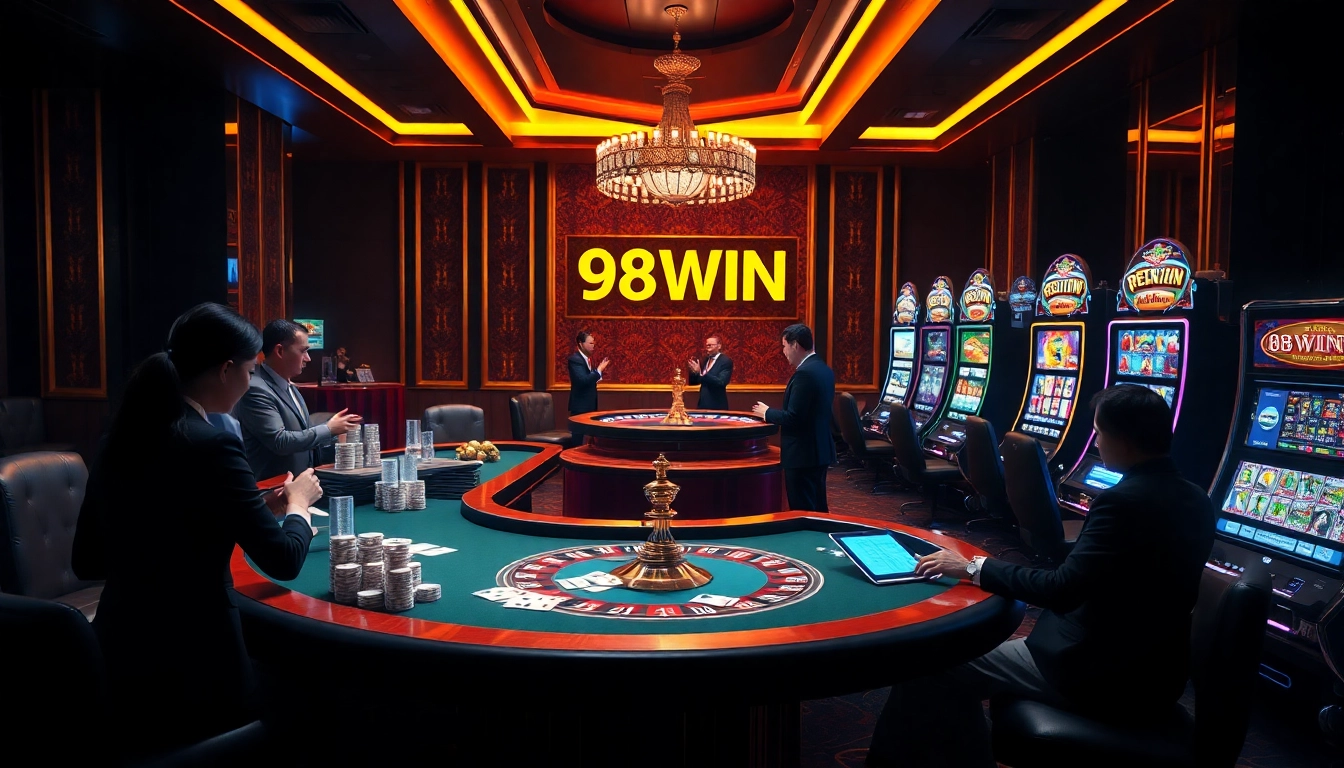 Betting at https://98wina8.com/ with poker chips and glitzy casino ambiance.