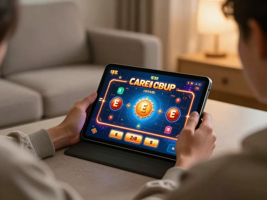 Engaged player enjoying EE88 online casino games on a tablet in cozy home setting.