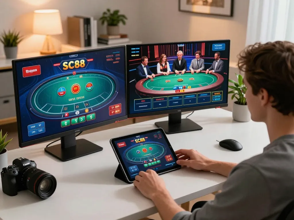 Engaging in SC88 poker strategy during online gaming setup, illuminated by ambient home lighting.