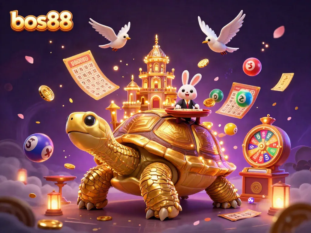 Engage with bos88's unique gaming world featuring a golden tortoise casino and vibrant lottery elements.