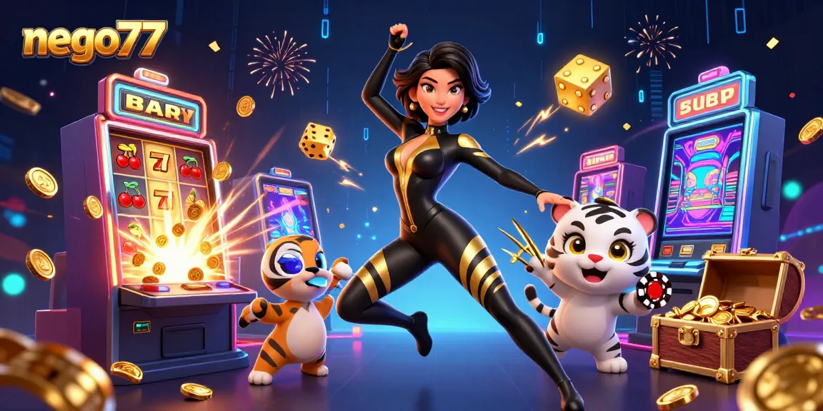 Nego77 enhances casino experience through vibrant 3D illustration with engaging characters and dynamic casino elements.