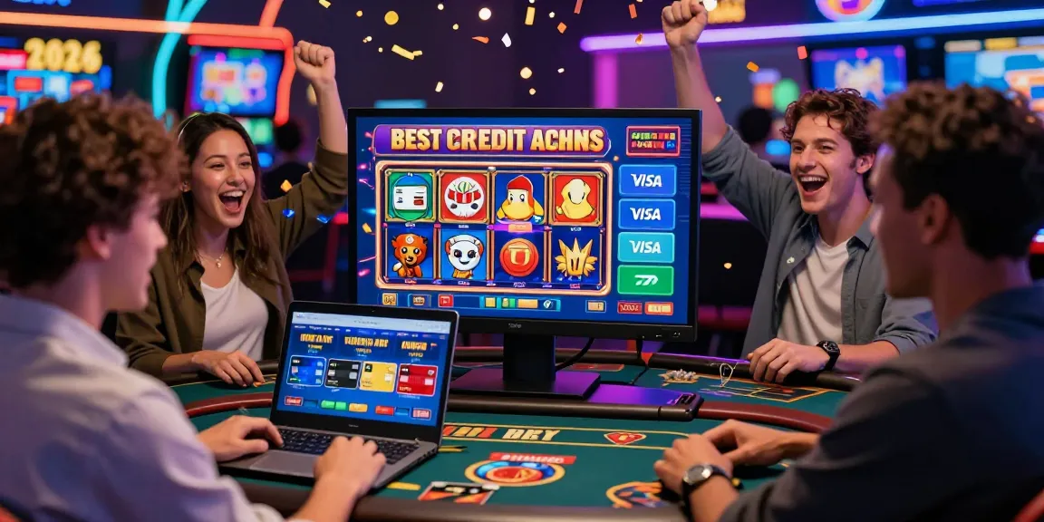 Players enjoying games at the best credit card casinos with vibrant graphics and payment icons.