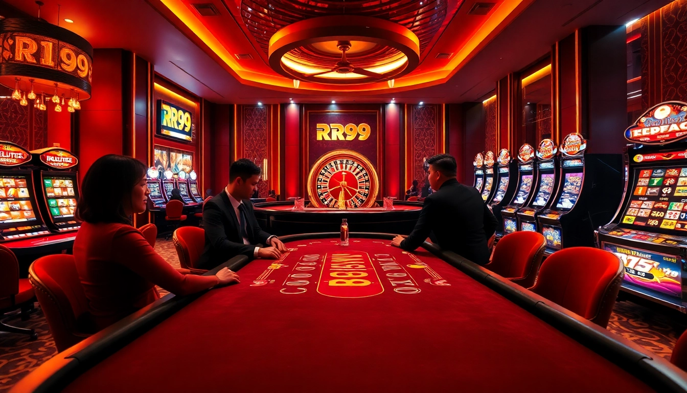 Experience high-stakes gaming at RR99 with vibrant slot machines and poker tables.