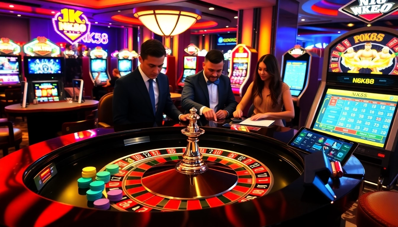 NK88 casino scene showcasing players at a roulette table, vibrant chips, and exciting slot machines.