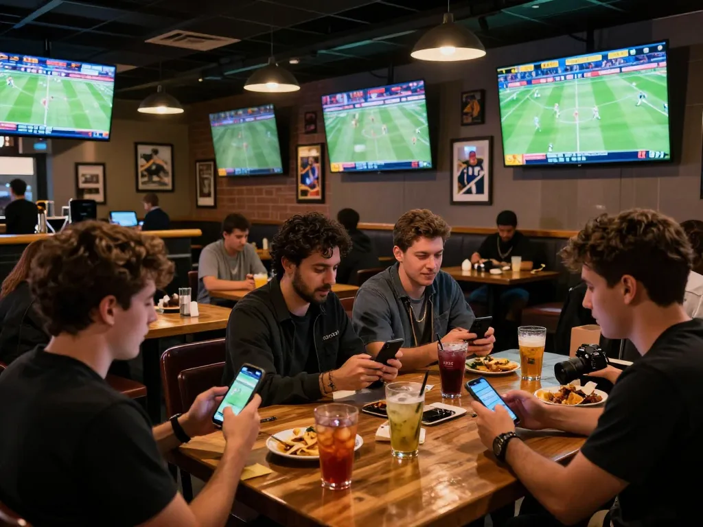 Engaged sports bettors analyzing ty le keo nha cai at a lively sports bar