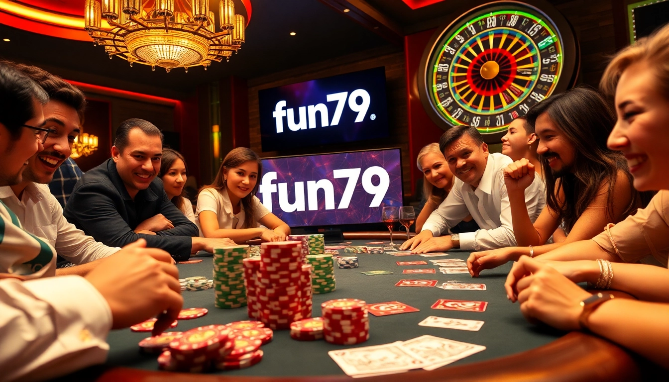 Players enjoying a high-stakes game at fun79 casino table, showcasing poker chips and cards.