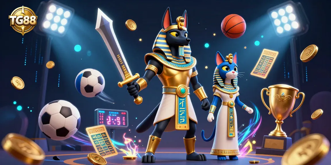 Experience thrilling gameplay at TG88 with a vibrant 3D casino scene featuring ancient Egyptian warriors and sports elements.