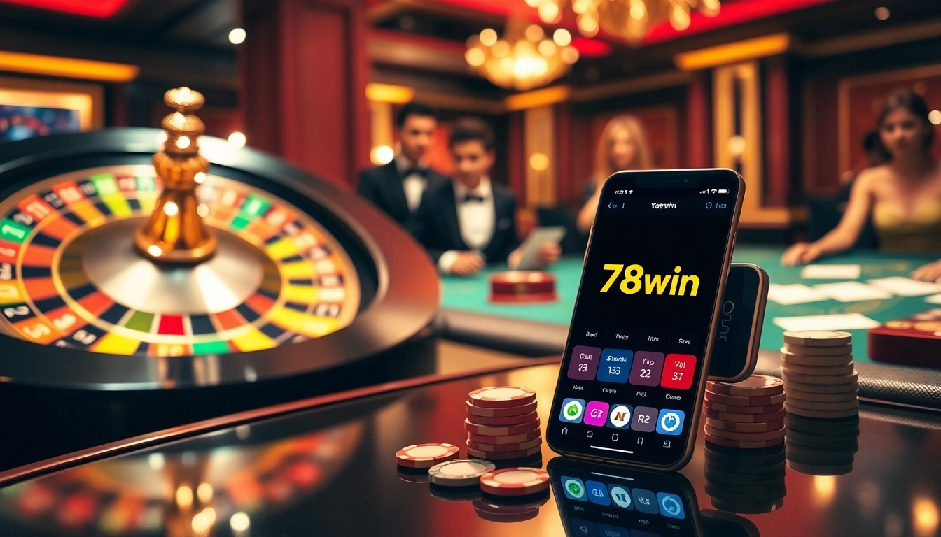 Exciting players engaged at a poker table, showcasing 78win app on a smartphone in a luxurious casino.