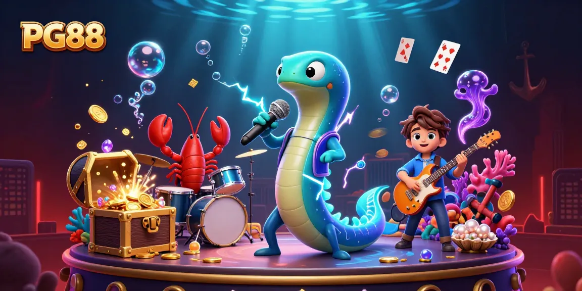 Experience gaming excitement with PG88 in a vibrant underwater casino scene featuring dynamic characters and treasure.