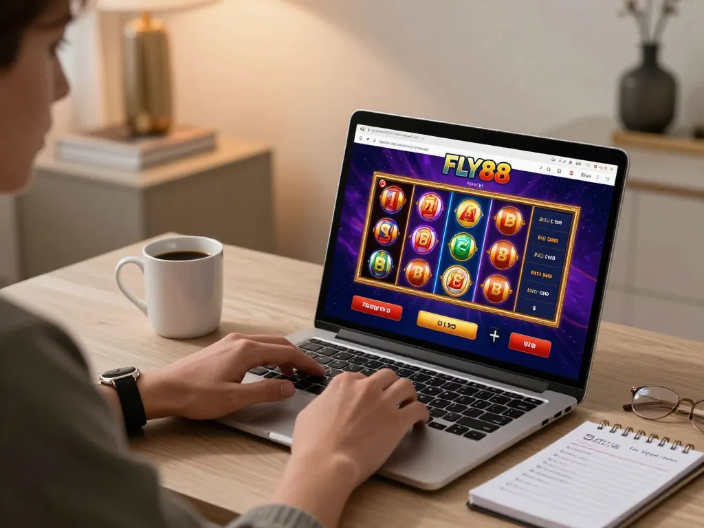 FLY88 player engaged in online gaming, showcasing vibrant slot games and strategic betting preparations.