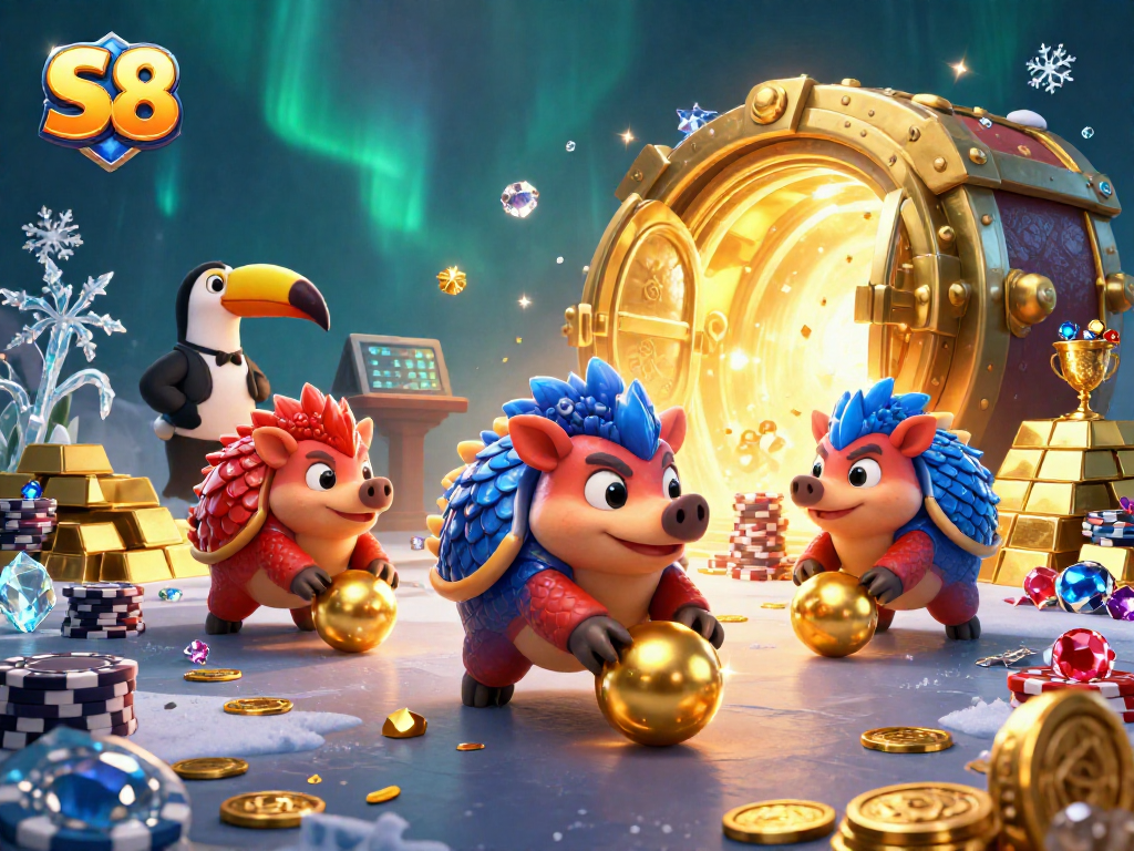 S8 delivers a thrilling experience with rival pangolins competing amid a vibrant casino adventure.
