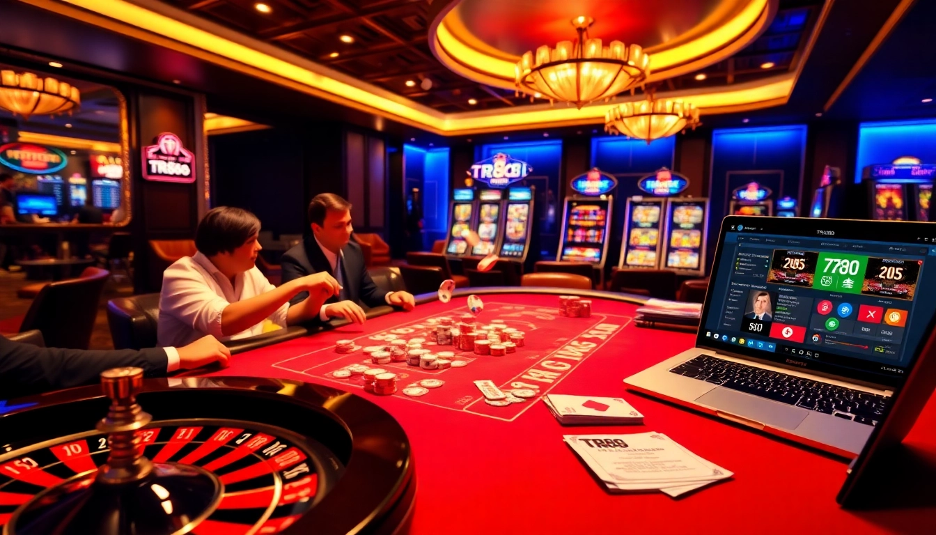 Players enjoy an intense poker game at TR88, surrounded by slot machines and roulette wheels.