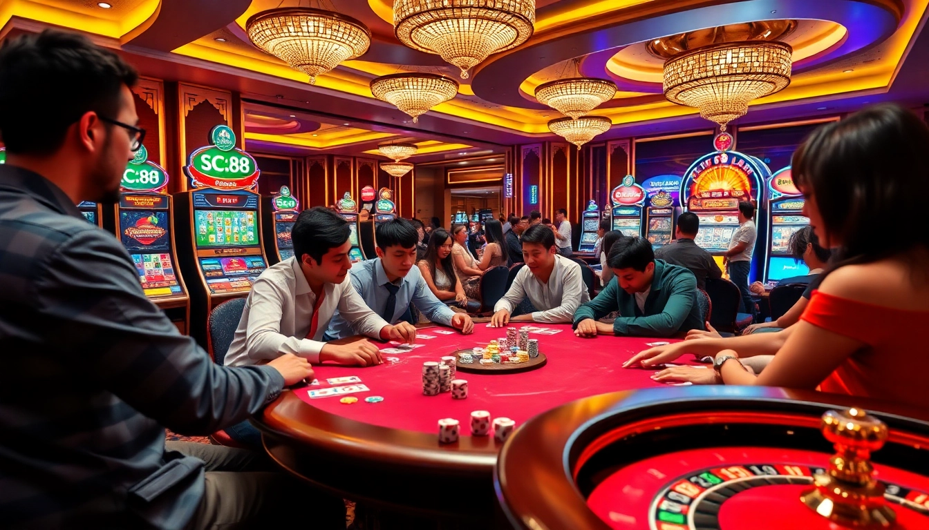 Exciting players enjoying card games at SC88 Casino, showcasing a dynamic gambling atmosphere.