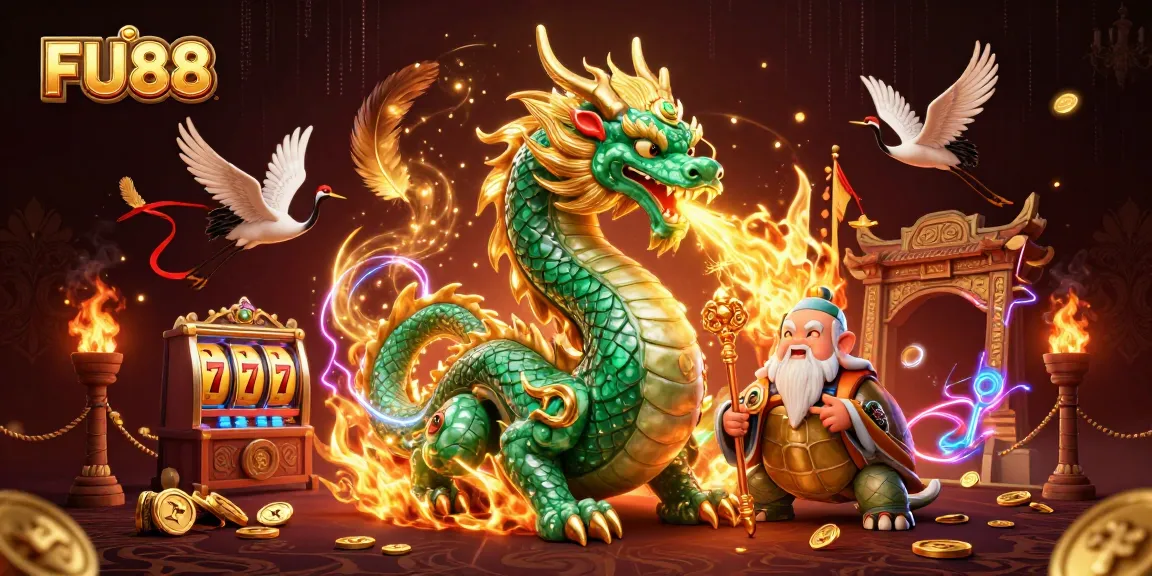 Engage in exciting gameplay at FU88 with a dynamic illustration featuring a jade dragon and lucky symbols.