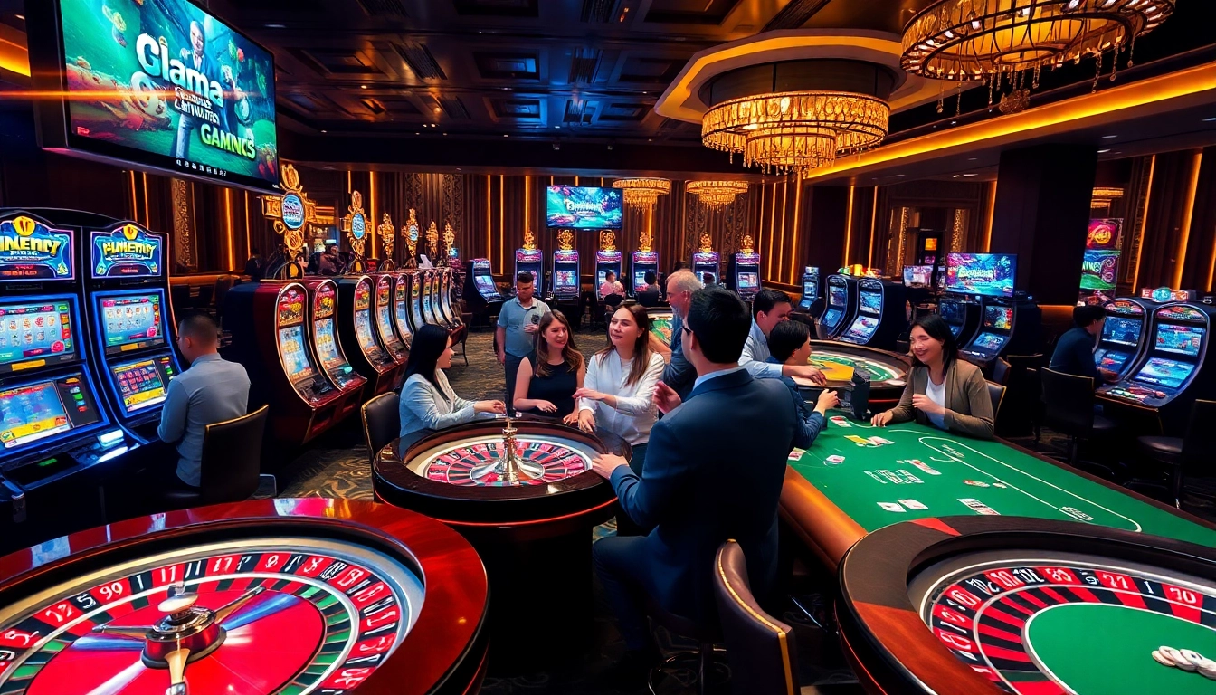 Excited players enjoying high-stakes gaming at km88vip casino with vibrant slot machines and roulette.