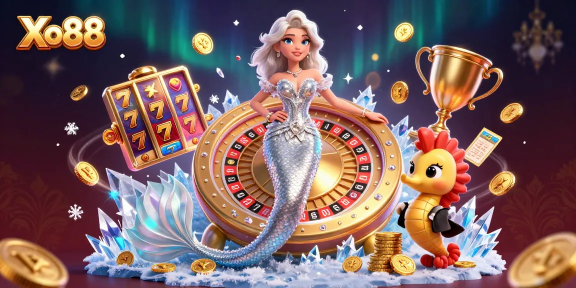 Experience excitement at Xo88 with a glamorous woman by a golden roulette wheel and vibrant casino elements.