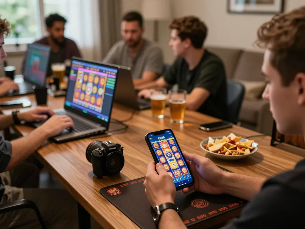 Engaged players using the SIN88 app for online gaming with vibrant atmosphere and snacks.