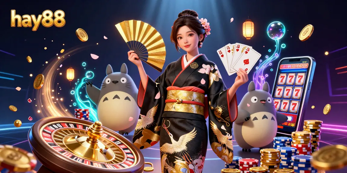 Engage with hay88 through a vibrant casino scene featuring an elegant woman and a wise tanuki amidst cascading coins and game elements.