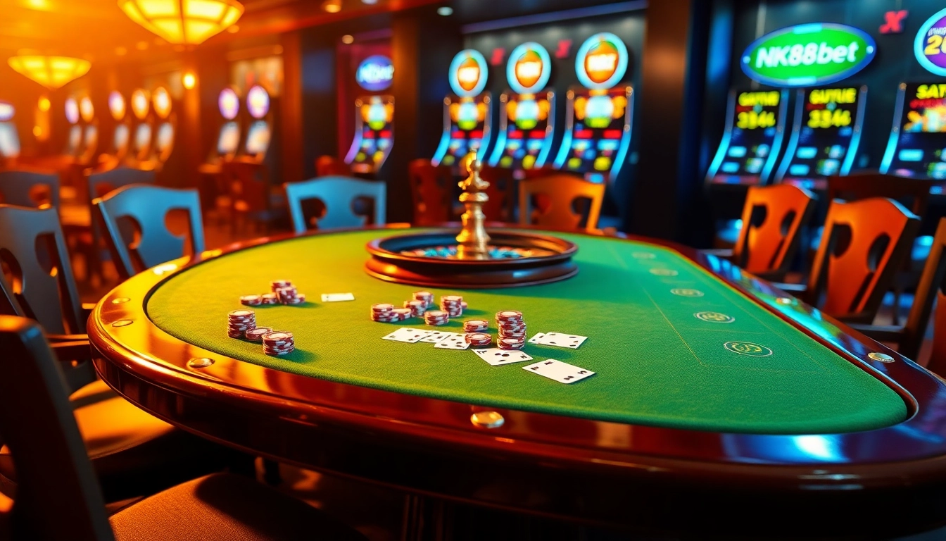 This image captures an exciting casino scene with poker chips and cards, showcasing nk88bet.org's vibrant gambling atmosphere.