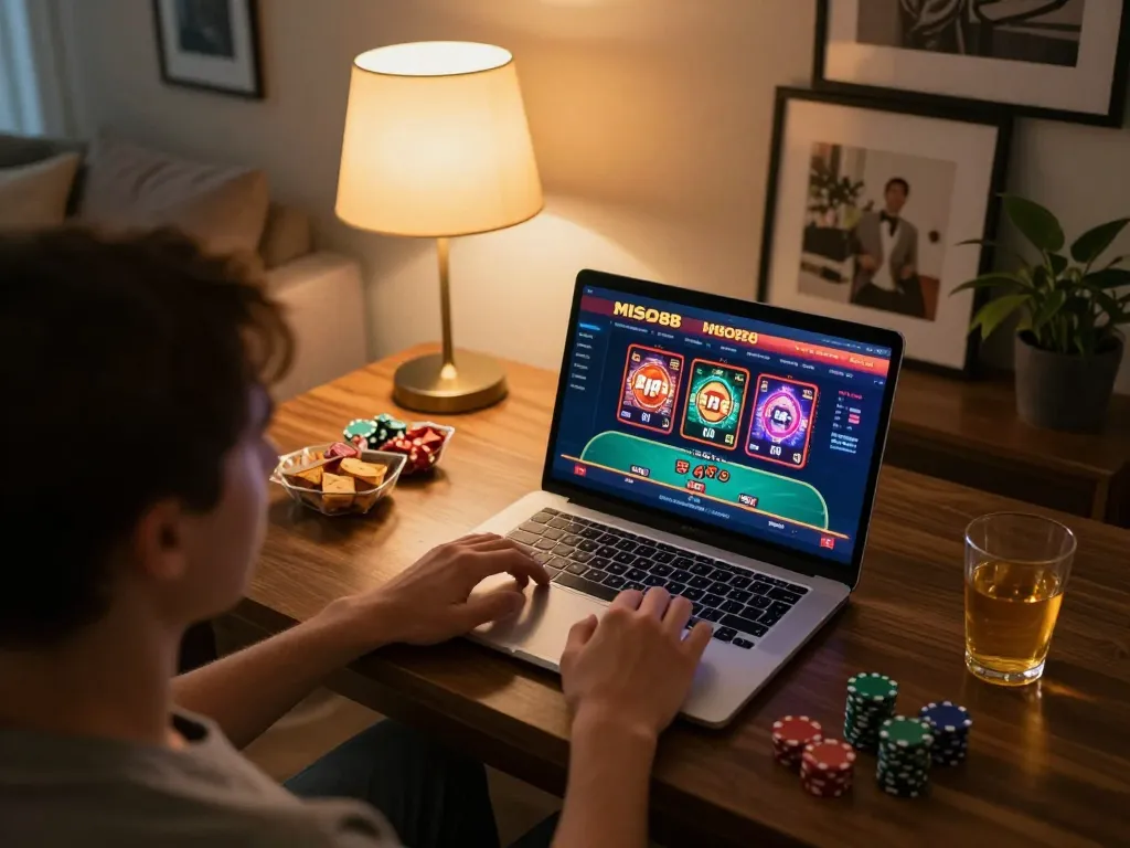MISO88 player enjoying online gambling experience at home with strategic poker gameplay.
