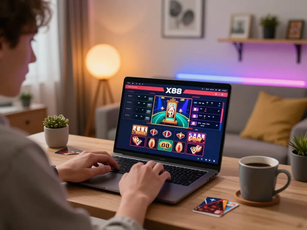 x88 player engaging in an online casino game from home, showcasing poker and slots interface with focused strategy.