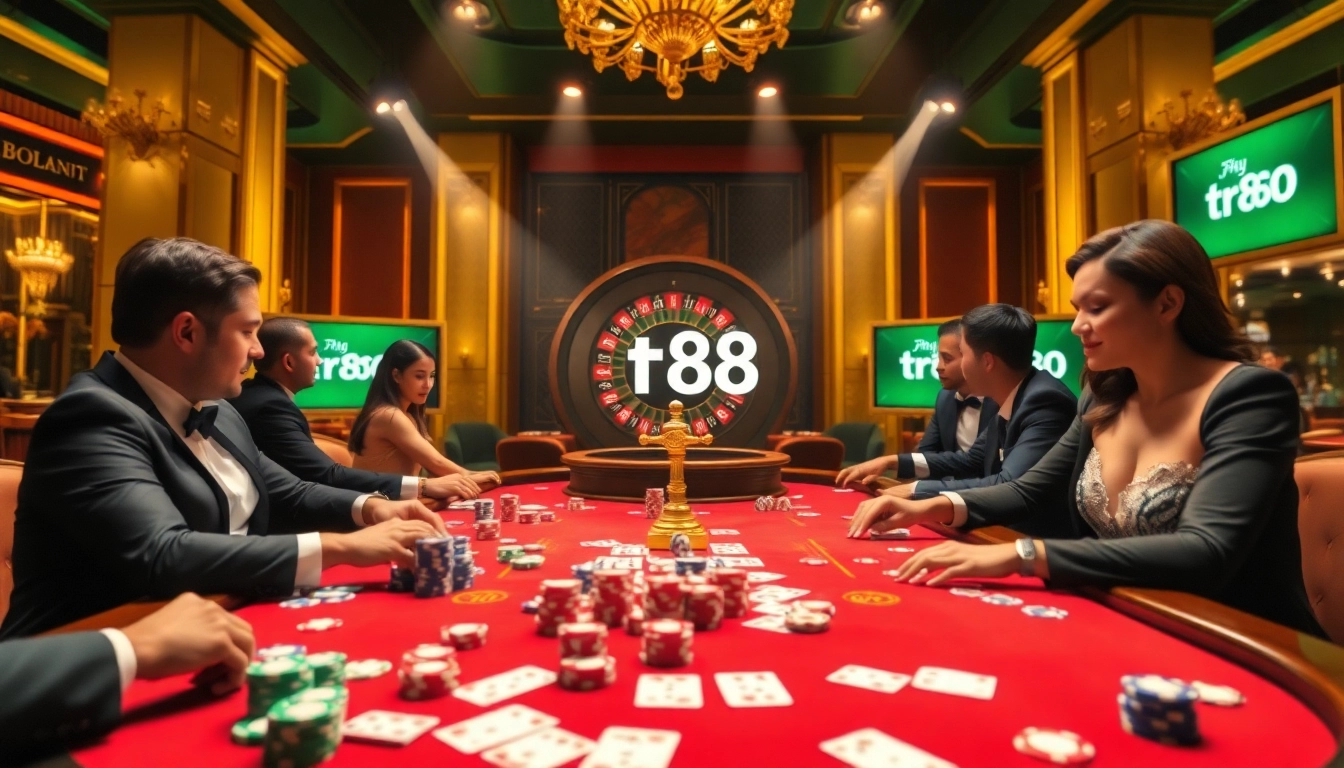 The excitement of tr88 as gamblers enjoy a vibrant casino scene with poker chips and a roulette wheel.