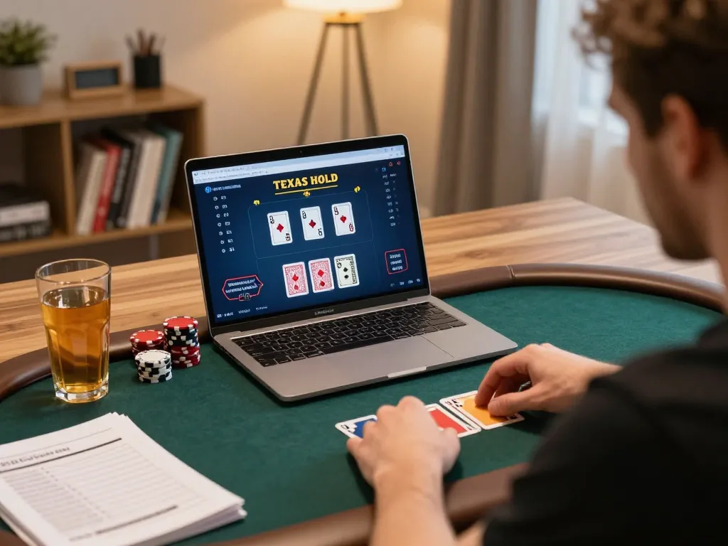 Play poker online at fly88 with an engaging home office setup featuring cards and strategy notes