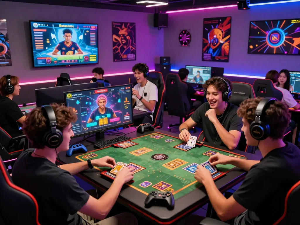 Bomwin gaming platform scene with players enjoying a card game, vibrant atmosphere.